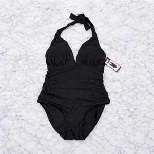 DKNY Black Halter One Piece Swimsuit Tummy Control Small NWT